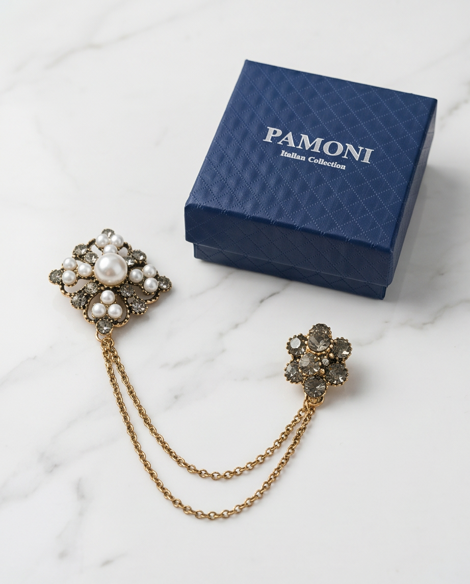 Ornate Pearl and Crystal Lapel Chain Brooch