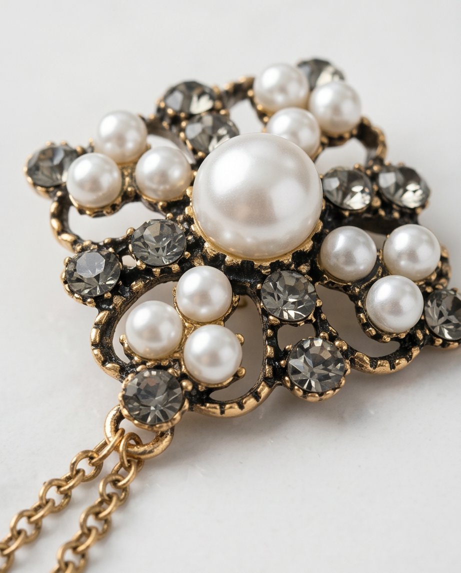 Ornate Pearl and Crystal Lapel Chain Brooch