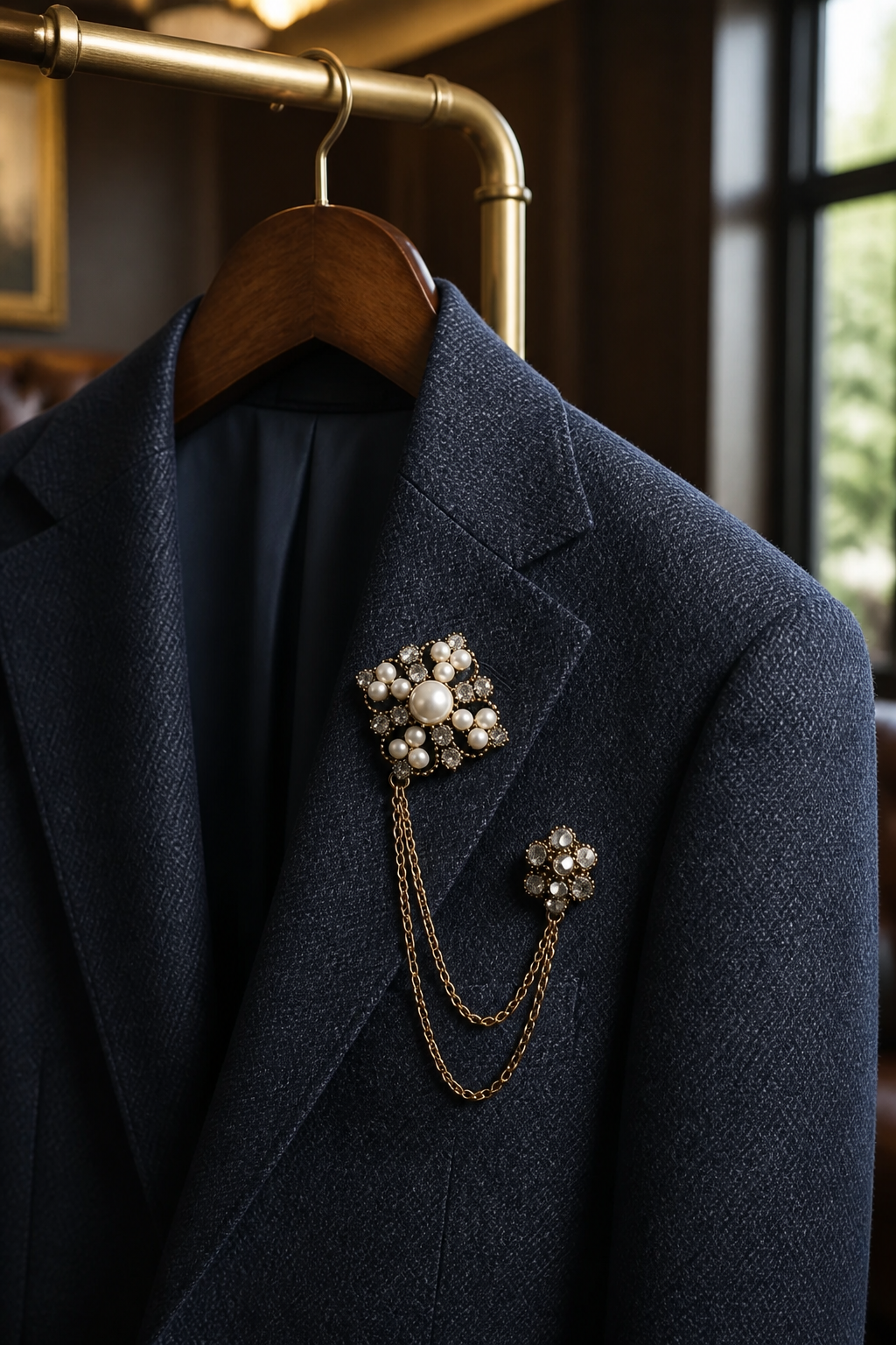 Ornate Pearl and Crystal Lapel Chain Brooch