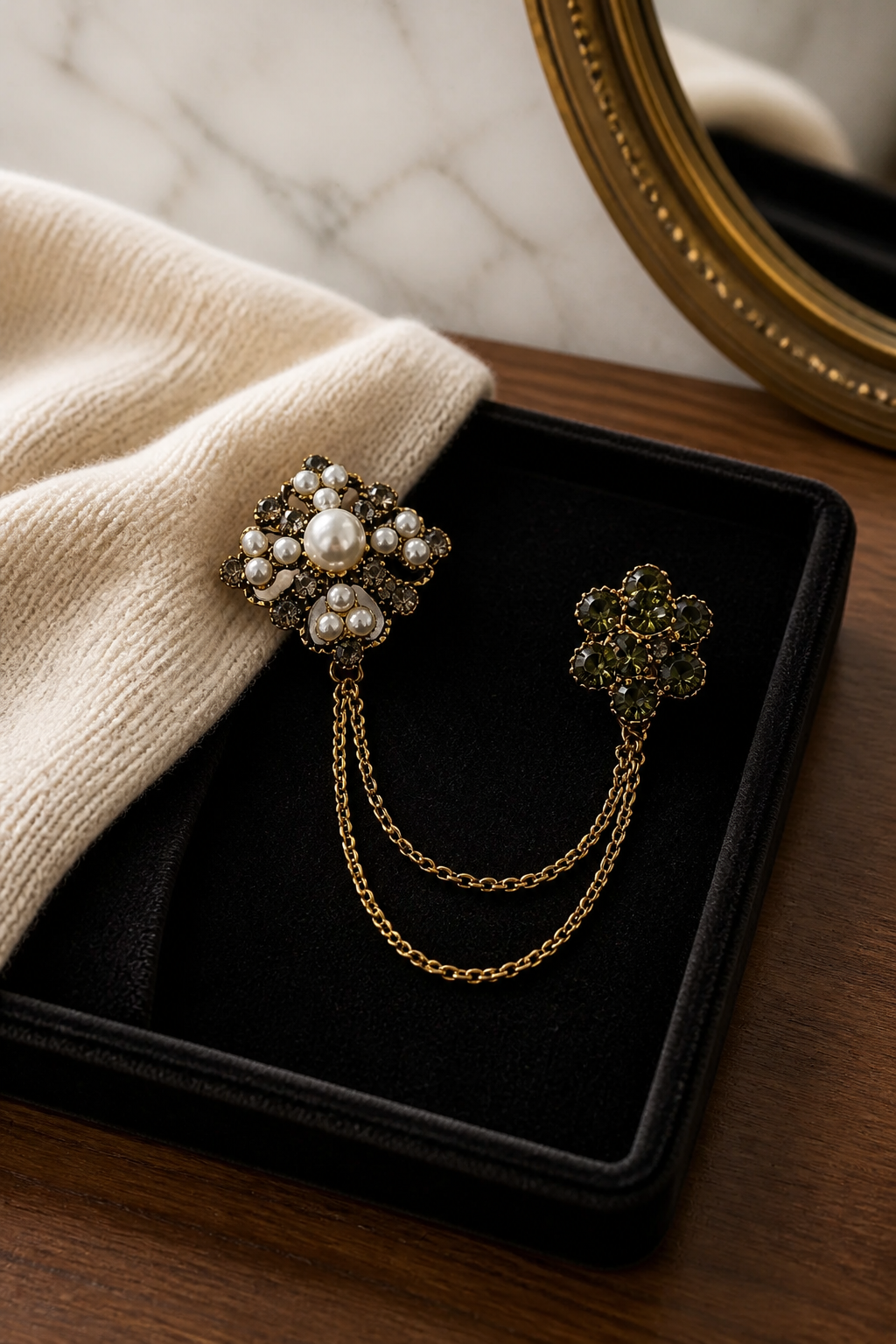 Ornate Pearl and Crystal Lapel Chain Brooch