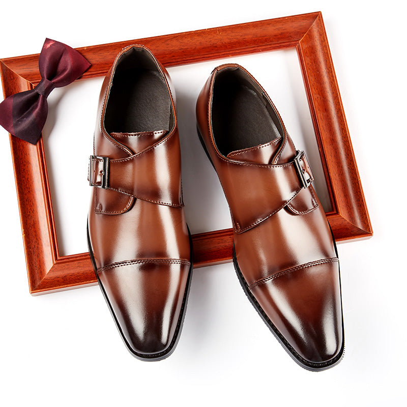 British Style Monk Strap Leather Shoes Men's